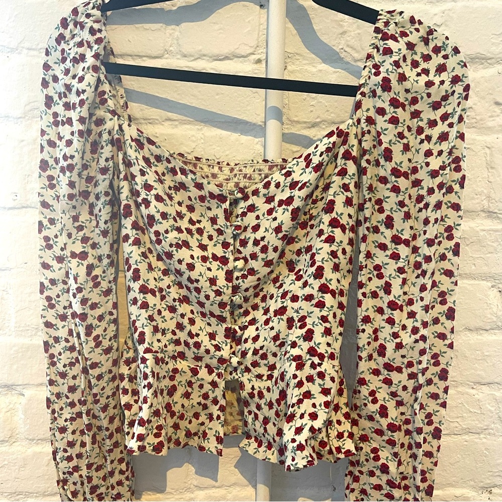 Reformation top, long sleeve white with red floral detail